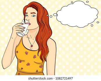 Healthy woman is drinking milk from a glass. Pop art background. Imitation comic style. Vector illustration text bubble