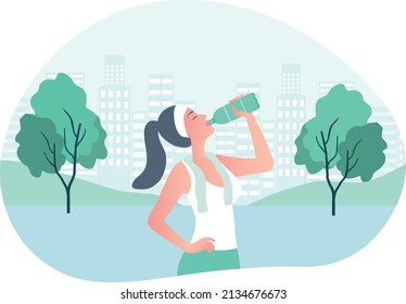 Healthy woman drinking water during exercise vector illustration. Healthy lifestyle and wellbeing  concept