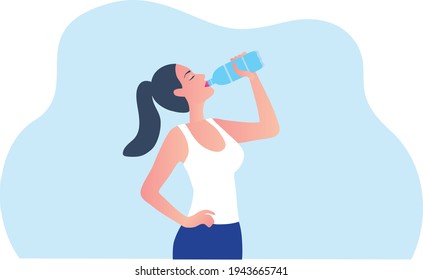 Healthy woman drinking water from plastic bottle vector illustration. Healthy lifestyle concept