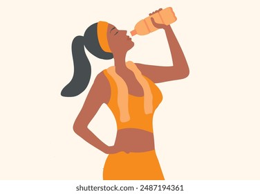 Healthy woman drinking water from plastic bottle vector illustration. Healthy lifestyle concept	