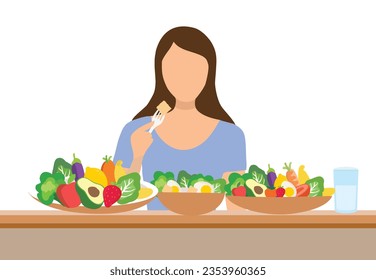 Healthy woman eating healthy food bowl vector illustration. Healthy lifestyle and vegan food concept