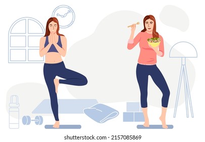 healthy woman Exercise by yoga and eat a salad, controls weight, Healthy lifestyle concept vector illustration.