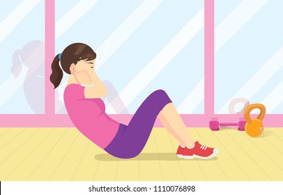 Healthy woman exercise with doing crunch workout on the floor at gym. Illustration about fitness.