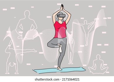 Mujer sana haciendo ejercicio en yoga en el mundo de la realidad virtual. Ilustración de diseño plano