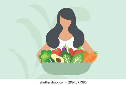 Healthy woman holding healthy food bowl vector illustration. Healthy lifestyle, world food day and vegan food concept