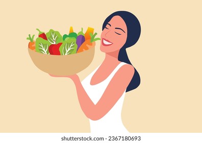 Healthy woman holding healthy food bowl vector illustration. Healthy lifestyle, world food day and vegan food concept