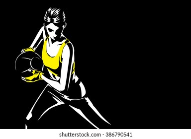 Healthy woman holding medicine ball in hand for doing exercise . Illustration about sport and fitness.