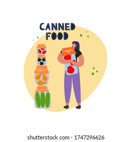 Healthy woman holds fresh fruites and vegetables in canning jars. Canned food lettering. Preserving vegetables and fruits. Fermented food. Vegetarian healthy production shop. Flat vector illustration