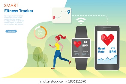 Healthy woman jogging with smart phone and watch tracking heart rate and running distances. Landing page and website, vector illustration.