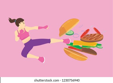 Healthy woman jump up and kick a hamburger made all ingredient spreading out. Illustration about diet and workout.