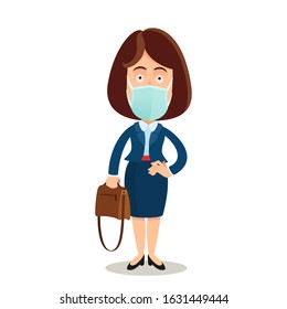 Healthy woman with a medical protection mask on her face. Protection against the epidemic of viral disease, flu. Caring for health. Vector illustration, flat design element, cartoon style, isolated.