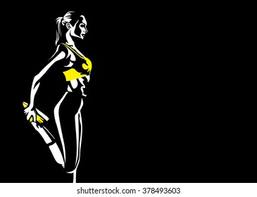 Healthy woman prepare for exercise by muscles stretching at ankle and leg. Illustration in pop art style.