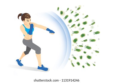 Healthy woman reflect bacteria attack with punching. Concept illustration about boost Immunity with Exercise.
