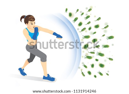 Healthy woman reflect bacteria attack with punching. Concept illustration about boost Immunity with Exercise.
