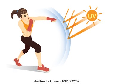 Healthy woman reflect UV ray from sunlight with punching. Concept illustration about skin protection form danger of Ultraviolet.