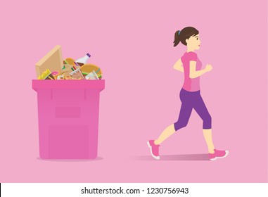 Healthy woman run passing bin full of fast food. Concept Illustration about stop junk food.