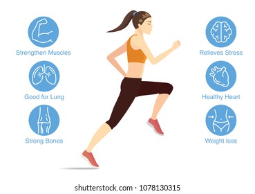 Healthy woman in run posture with data of health benefits of this workout. svg