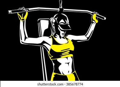 Healthy woman in sportswear building muscle with weight lifting equipment. This illustration about health and sport.