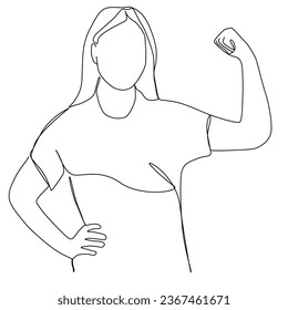 A healthy woman stands and poses to show off her physical strength, one line art free hand drawing vector illustration.