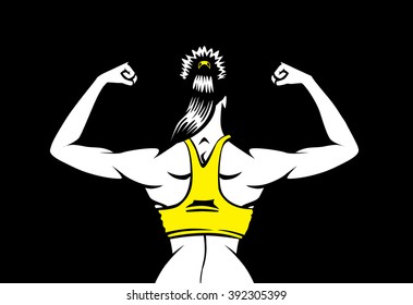 Healthy Woman In Yellow Vest To Flex His Back Muscles On Isolated Background
