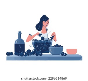 Healthy women eating organic fruit and drinking wine isolated