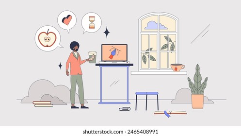 Healthy work habits for daily routine in office tiny person neubrutalism concept. Standing desk, healthy snacks and drink plenty of water for body and mind wellness in workplace vector illustration.