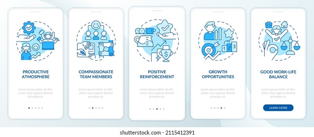 Healthy workplace environment blue onboarding mobile app screen. Walkthrough 5 steps graphic instructions pages with linear concepts. UI, UX, GUI template. Myriad Pro-Bold, Regular fonts used