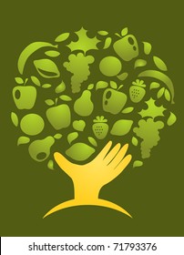healthy world. hand holding fruits on green background