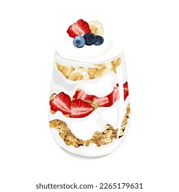 Healthy yogurt parfait with fruits and granola. Low calorie food. Hight nutrition and low fat menu. Authentic breakfast menu vector drawing illustration on white background.