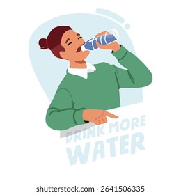 Healthy young active man character drinking water from bottle for refreshment and dehydration prevention cartoon design. Healthy habit and life routine for wellbeing promotion vector illustration