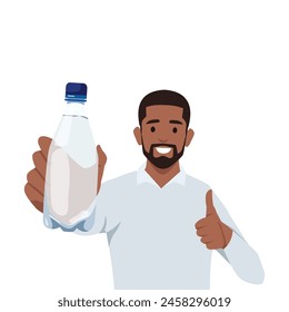 Healthy young black man showing bottle of mineral water and give thumb up. Flat vector illustration isolated on white background