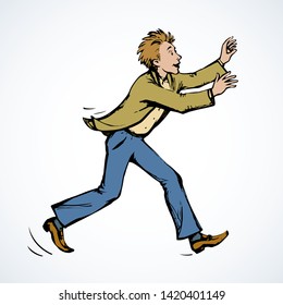 Healthy young crazy happy office boss guy quick flying runaway over. Color hand drawn cute mad fit human body sprint jump panic logo sign in retro sketch comic art style on white paper space for text