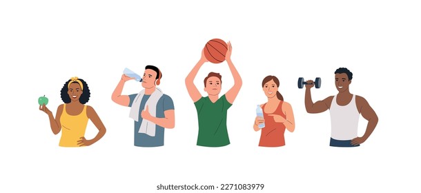 Healthy  young different athletic men and women isolated. Vector cartoon flat style illustration