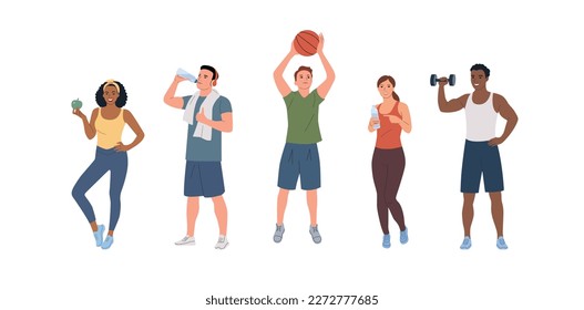 Healthy  young different athletic men and women in full height isolated. Vector cartoon flat style illustration