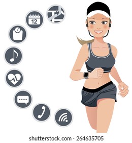 Healthy young jogging woman wears smart device with touchscreen.File contains Gradient, Gradient mesh, Clipping mask, Transparency.