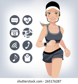Healthy young jogging woman wears touchscreen smart device