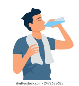 Healthy young man drinking water from a bottle in flat design on white background.