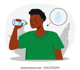 Healthy young man drinks from plastic bottle for hydration and water balance. Thirsty male drink daily water intake. Importance of fluid intake concept. Hand drawn character. Flat vector illustration.
