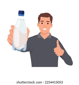 Healthy young man showing bottle of mineral water and give thumb up. Flat vector illustration isolated on white background