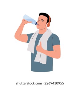 Un joven sano con toalla bebe agua de una botella aislada. Ilustración de estilo plano de dibujos animados