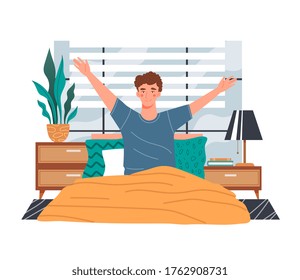 Healthy young man waking up in the morning smiling and stretching his arms as he sits up in bed, colored vector illustration