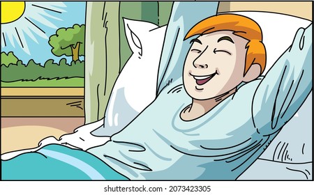 Healthy young man waking up in the morning smiling 