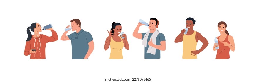 Healthy  young men and women drink water from a glasses and bottle. Vector cartoon flat style illustration