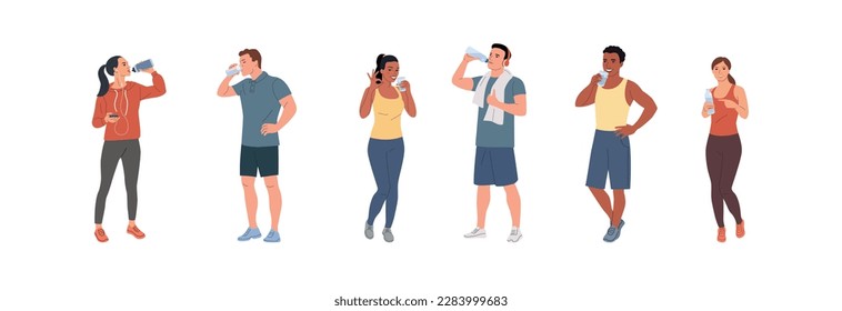 Healthy  young men and women in full height drink water from a glasses and bottle. Vector cartoon flat style illustration