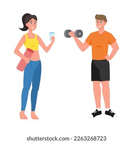 Gesunde junge Menschen setzen flache Vektorgrafik einzeln auf weißem Hintergrund. Mann und Frau bei Sportbekleidung. Personal Trainer, Trainingskurs, gesunder Lebensstil.