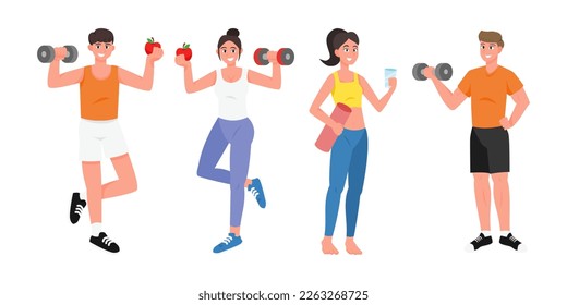 Jóvenes sanos ponen una ilustración vectorial plana aislada en el fondo blanco. Hombre y mujer en ejercicios de ropa deportiva. Entrenador personal, clase de entrenamiento, estilo de vida saludable.