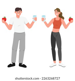 Healthy young people set flat vector illustration isolated on white background. Man and Woman in sportswear exercises. Personal trainer, workout class, healthy lifestyle.