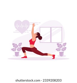 healthy young woman doing yoga pilates exercise. Physical activity for relaxation of body and mind, healthy lifestyle habits concept. Trend Modern vector flat illustration