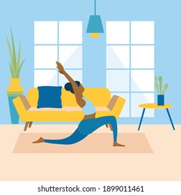 Healthy young woman practicing yoga in living room, relaxing weekend at home. Vector illustration. Workout, exercise, fitness, indoor, meditation, lifestyle, stay at home concept