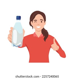 Mujer joven sana que muestra una botella de agua mineral y le da el pulgar hacia arriba. Ilustración vectorial plana aislada en fondo blanco